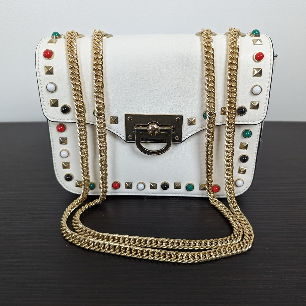 Gail Labelle White Handbag Shoulder Bag Gold Chain Purse Studded Detail NWOT